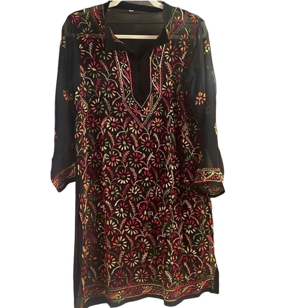 Women’s Sheer Floral Embroidered Tunic Top Boho Cottagecore Size 42 (Large)